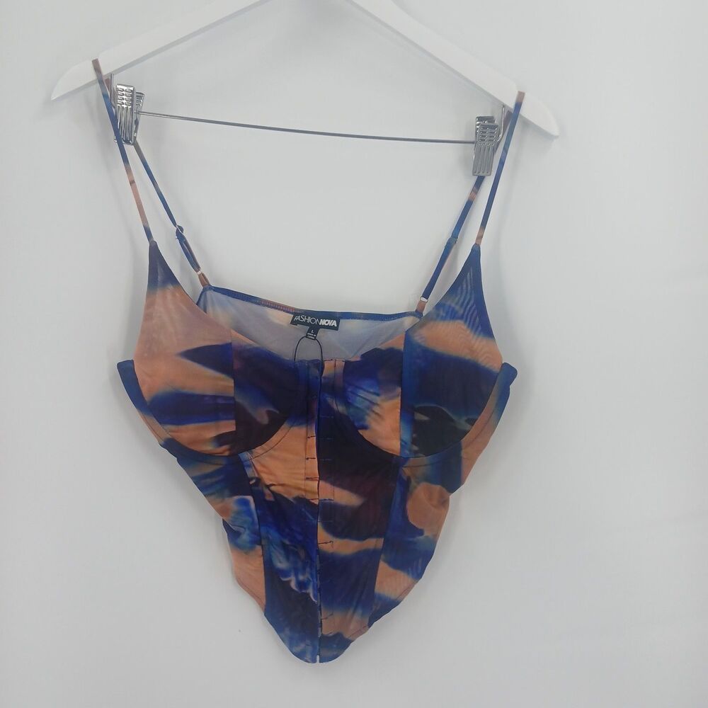Fashion Nova NWT Blue Orange Abstract Mesh Crop Top Size L